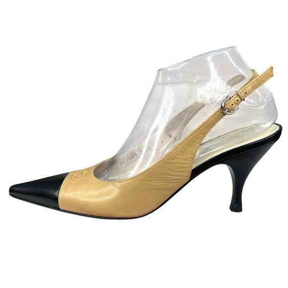 Salvatore Ferragamo Women’s Tan Black Pointed Toe Kitten Heel Size 9 B - Picture 3 of 12